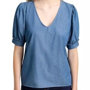 Draper James Blue Chambray Puff short sleeve pull over blouse V Neck Size XXL